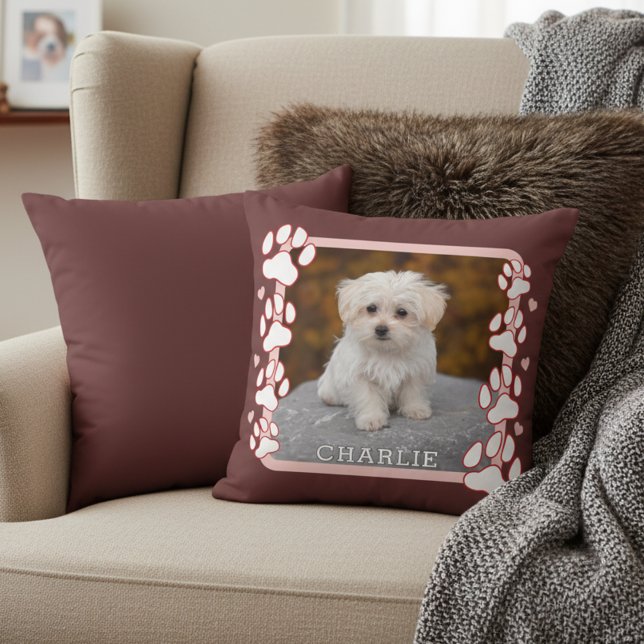 Cojín Decorativo Custom Framed Pet Photo and Name Throw Pillow (Snuggle up with your pet’s photo pillow. Personalized and adorable! 🐾💖)