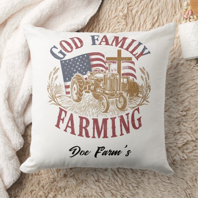 Cojín Decorativo Custom “God Family Farming” Farmhouse Pillow (Manta)