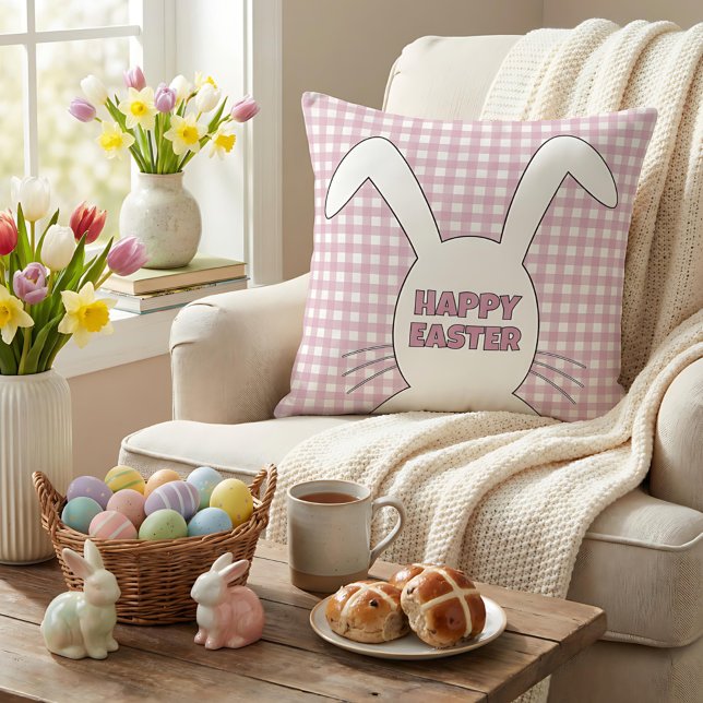 Cojín Decorativo Custom Happy Easter Bunny Pink Gingham Plaid (Subido por el creador)