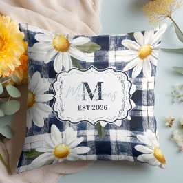 Cojín Decorativo Custom Navy Gingham Daisy Monogram