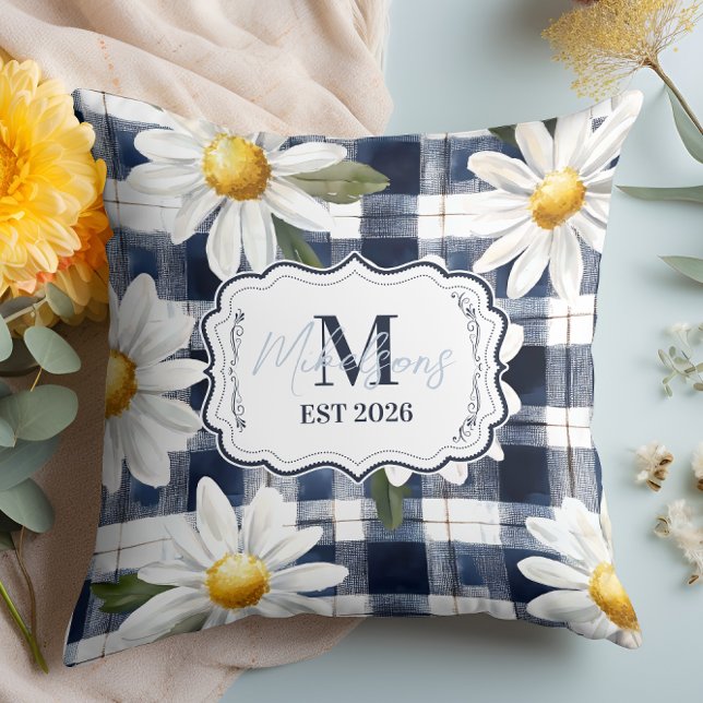 Cojín Decorativo Custom Navy Gingham Daisy Monogram (Subido por el creador)