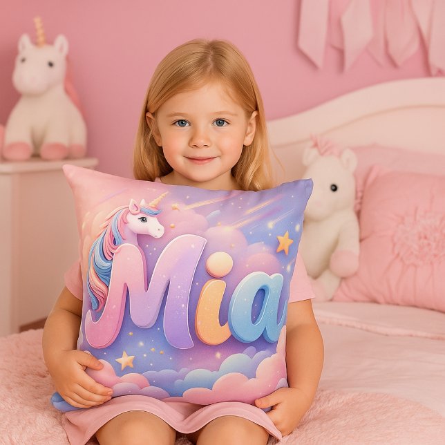 Cojín Decorativo Custom Pastel Unicorn Name Pillow (Custom unicorn-themed nursery decor with child's name in rainbow colors)