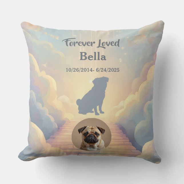 Cojín Decorativo Custom Pug Memorial Pillow – Blue Rainbow Bridge (Anverso)