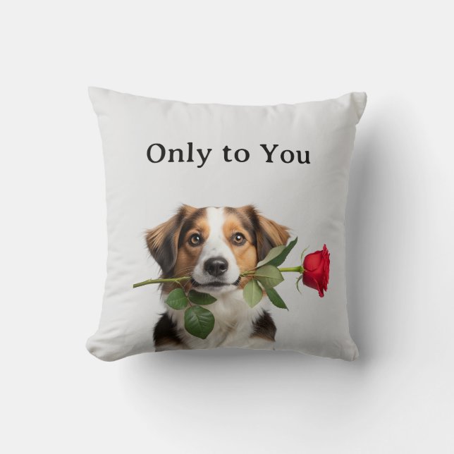 Cojín Decorativo custom text valentine dog holding rose portrait (Anverso)