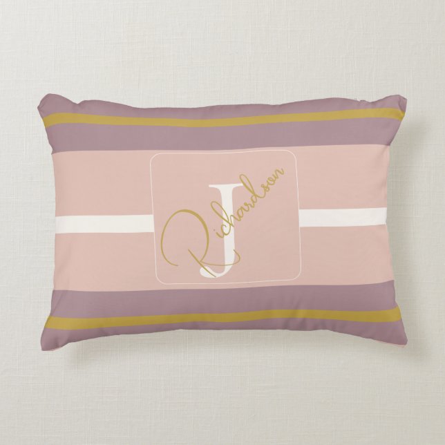 Cojín Decorativo Customized Blush Pink Gold Stripe Monogram Chic  (Anverso)