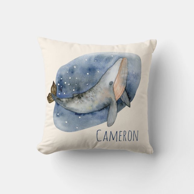 Cojín Decorativo Cuta acuarela Ballena Azul Náutico Personalizado (Anverso)