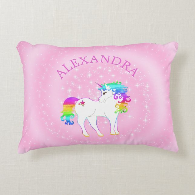 Cojín Decorativo Cuta rosa arcoiris de unicornio personalizada (Anverso)