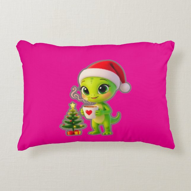 Cojín Decorativo **Cute 3D Green Alien in Santa Hat with Hot Chocol (Anverso)
