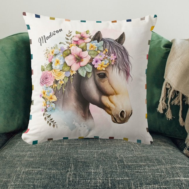 Cojín Decorativo Cute acuarela Floral Caballo Nombre Personalizado (Subido por el creador)