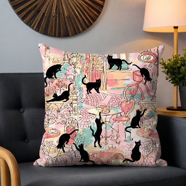 Cojín Decorativo Cute acuarela moderna Paris Cafe Cat Pattern (Subido por el creador)