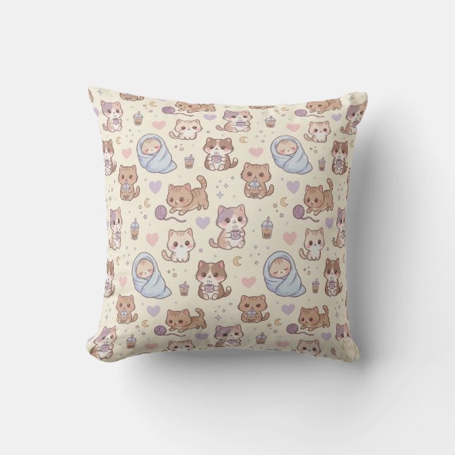Cojín Decorativo Cute Aesthetic Kitten Pattern Throw Pillow - Cozy  (Anverso)