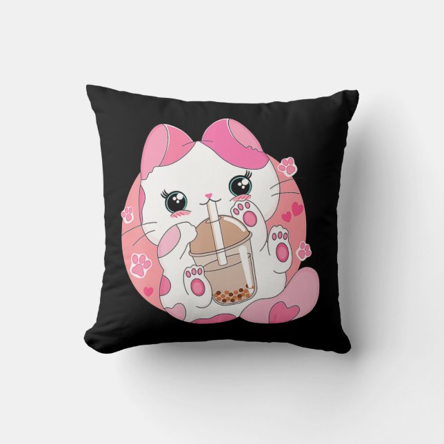 Cojín Decorativo Cute Anime Kawaii Cat Boba Bubble Tea Chicas Costu (Anverso)
