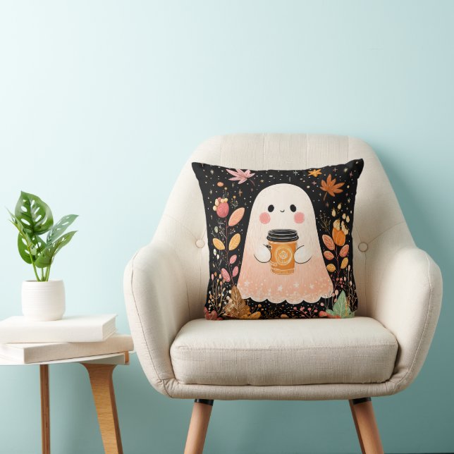 Cojín Decorativo Cute Autumn Ghost with Pumpkin Coffee – Cozy Fall  (Silla)