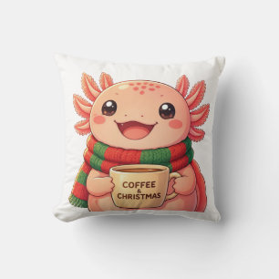 Cojín Decorativo Cute Axolotl Bebiendo Café Acento de Navidad