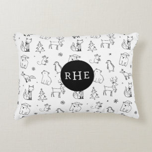 Cojín Decorativo Cute B&W Winter Woodland Animales con Monograma