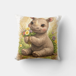 Cojín Decorativo Cute Baby Rhino With Flowers Kawaii Safari Animal 