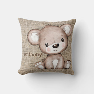 Cojín Decorativo Cute Bear Burlap Nombre Rústico Acuarela
