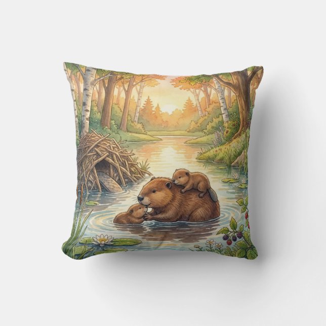 Cojín Decorativo Cute Beaver And Babies River and Lake Animals  (Anverso)