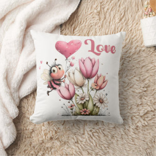 Cojín Decorativo Cute Bee Love Heart Balloon Flores de Primavera
