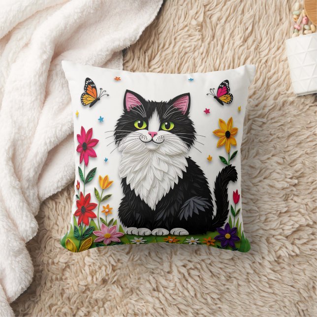 Cojín Decorativo Cute Black and White Cat, Flowers and Butterflies (Manta)