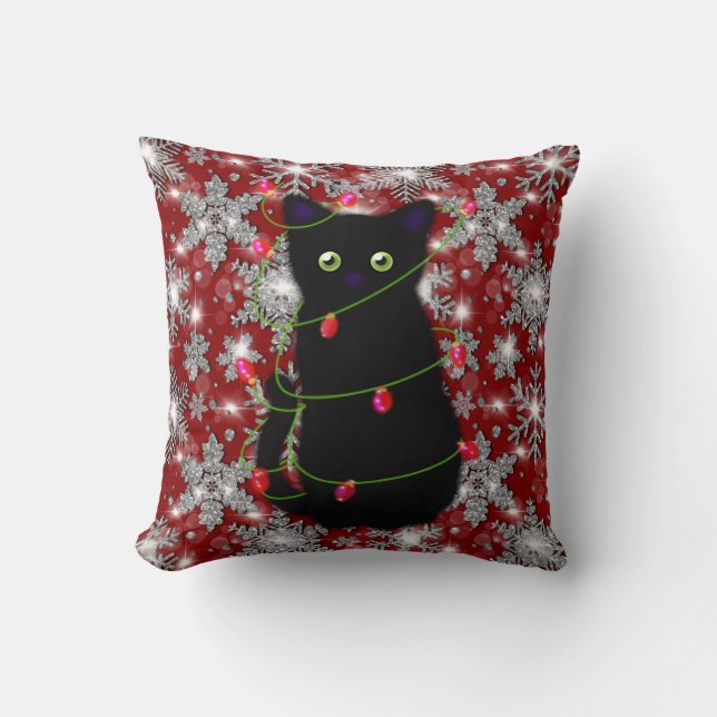 Cojín Decorativo Cute black cat Meowy Christmas sparkling snowflake (Anverso)