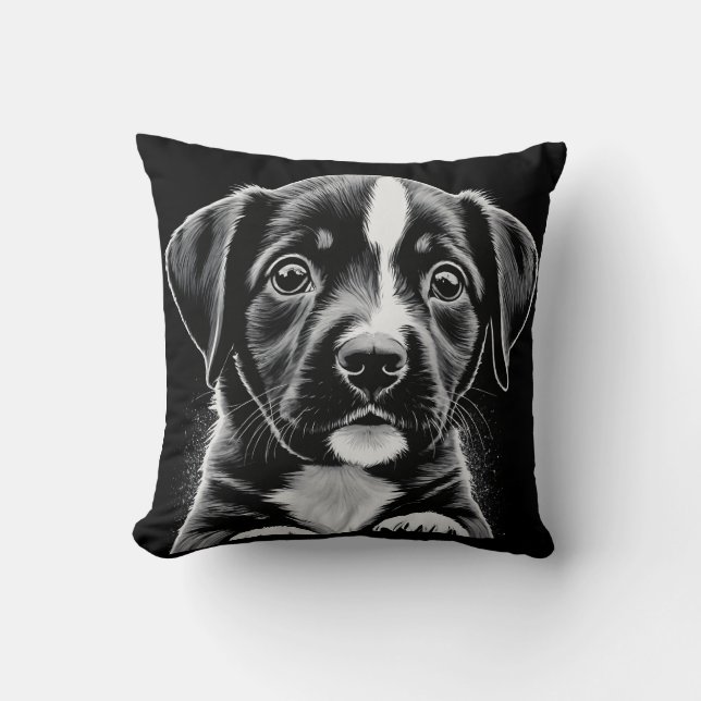 Cojín Decorativo Cute Black & White Puppy – Cozy Dog Lover Pillow (Anverso)