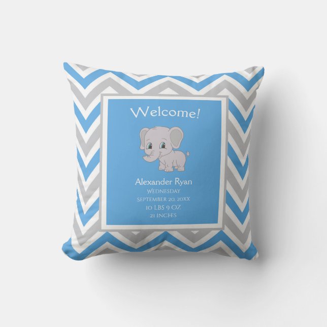 Cojín Decorativo Cute Boy Elephant Chevron Birts Stats Blue Gray (Anverso)