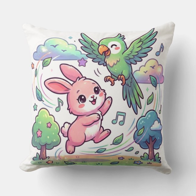 Cojín Decorativo Cute Bunny and Parrot Playing Sticker |  (Anverso)