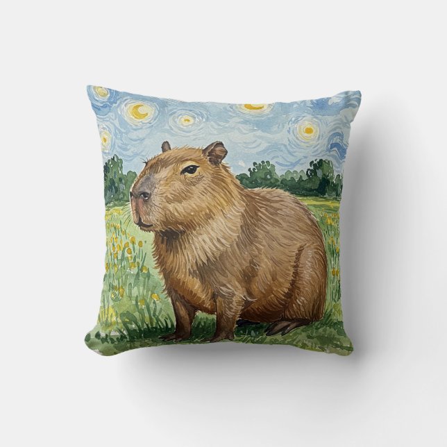 Cojín Decorativo Cute Capybara Starry Night Vincent van Gogh Pillow (Anverso)