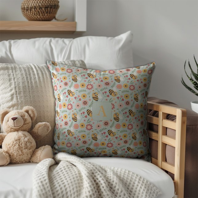 Cojín Decorativo Cute cartoon bee flower yellow pattern monogram (Subido por el creador)