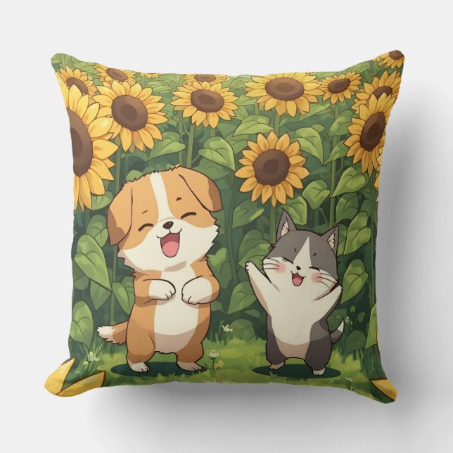 Cojín Decorativo Cute Cat and Dog Sunflower Throw Pillow (Anverso)