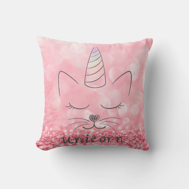 Cojín Decorativo Cute Caticorn | Purpurina rosa (Anverso)
