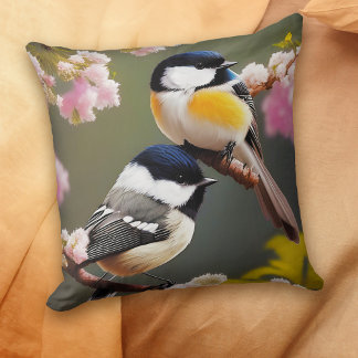 Cojín Decorativo Cute Chickadees Aves de Primavera
