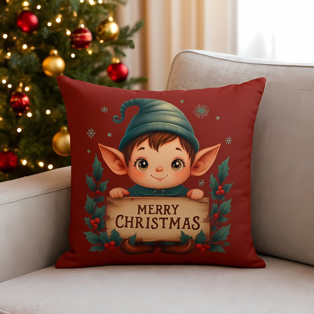 Cojín Decorativo Cute Christmas Elf Holding Merry Sign Red (Cute Christmas Elf Holding Merry Sign Red Throw Pillow)