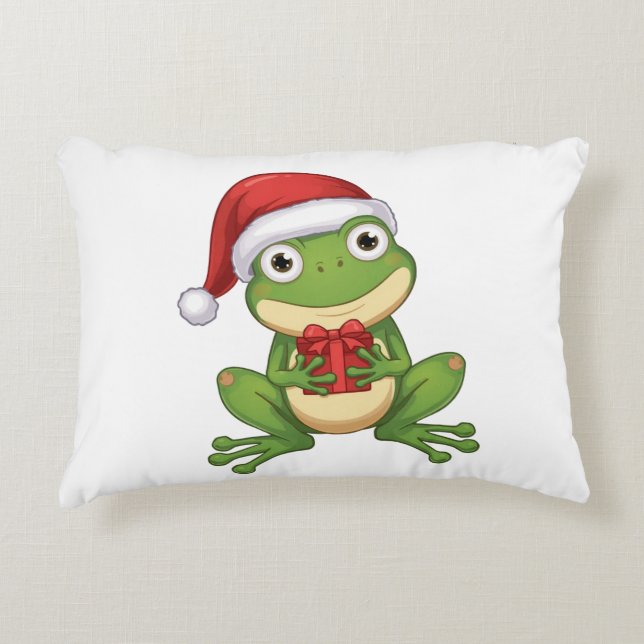 Cojín Decorativo Cute Christmas Frog with Santa Hat and Gift |  Fun (Anverso)