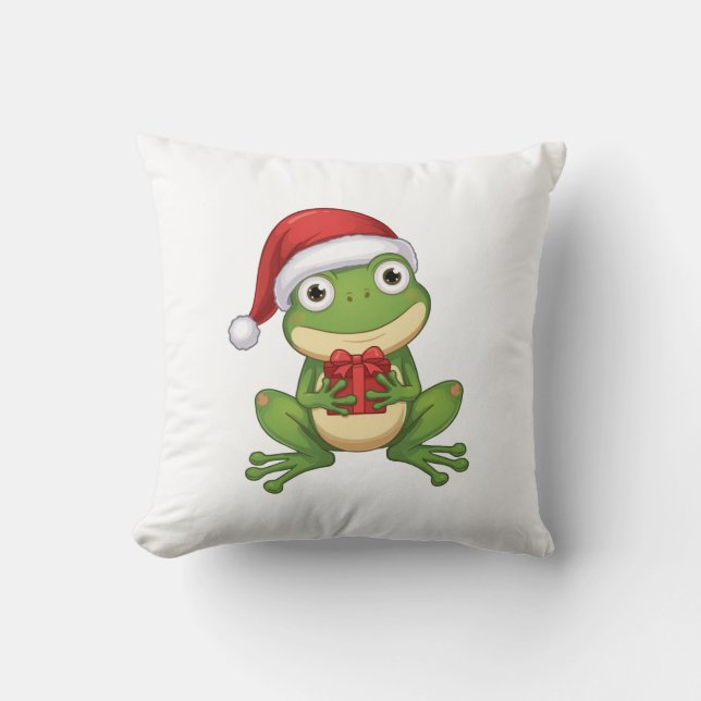 Cojín Decorativo Cute Christmas Frog with Santa Hat and Gift |  Fun (Anverso)