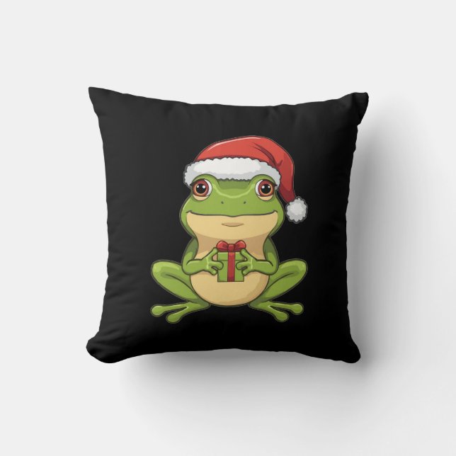 Cojín Decorativo Cute Christmas Frog with Santa Hat Holding  Gift - (Anverso)