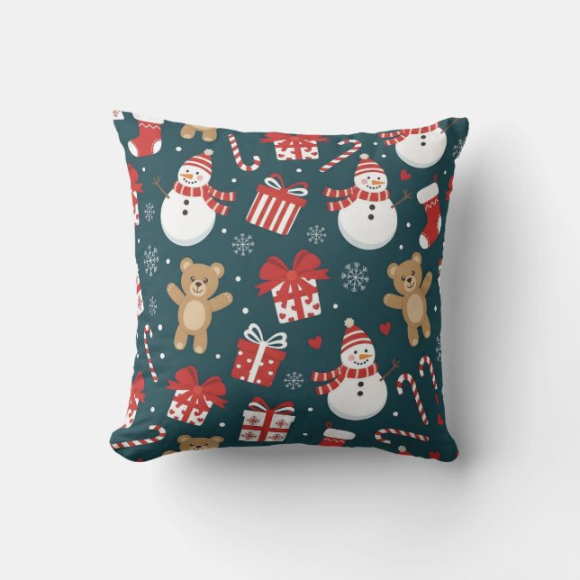 Cojín Decorativo “Cute Christmas Snowman & Gifts Pattern Pillow” (Anverso)