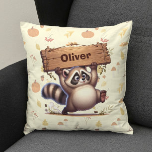 Cojín Decorativo Cute Chubby Raccoon con placa de nombre de madera