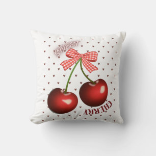 Cojín Decorativo Cute Coquette Cherry con lazo de gingham rosa cami