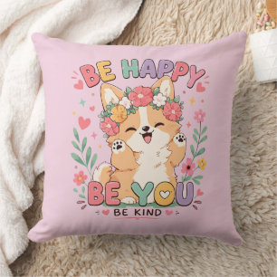 Cojín Decorativo Cute Corgi Corona Floral Sé Feliz Sé Tú Sé Amable