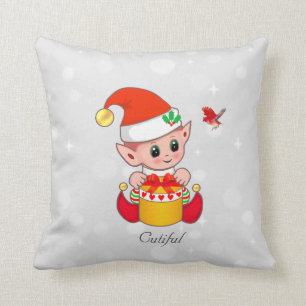 Cojín Decorativo Cute Elfo de Navidad y Pájaro Rojo Cardenal sobre