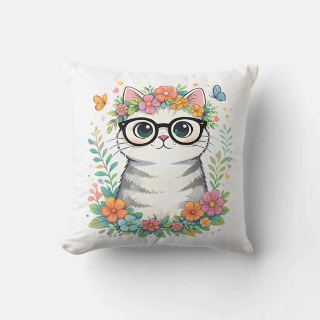 Cojín Decorativo Cute Floral Cat with Glasses (Anverso)