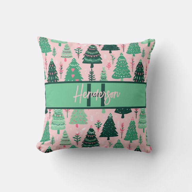 Cojín Decorativo Cute Fun Pink & Green Christmas Tree Monogram (Anverso)
