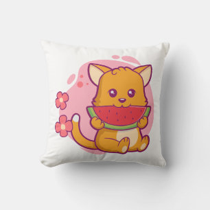 Cojín Decorativo Cute gato comiendo sandía Kawaii