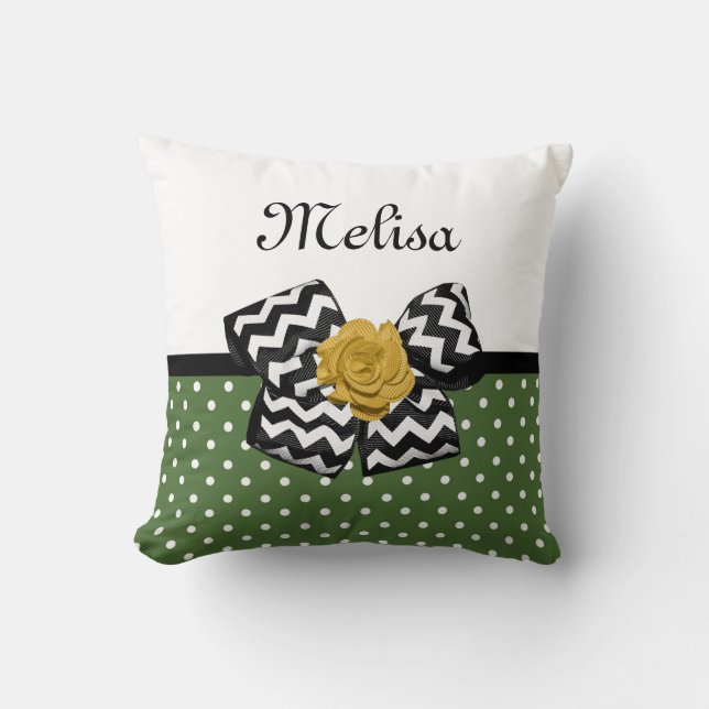 Cojín Decorativo Cute Green Dots Yellow Rose Chevron Bow and Name (Anverso)