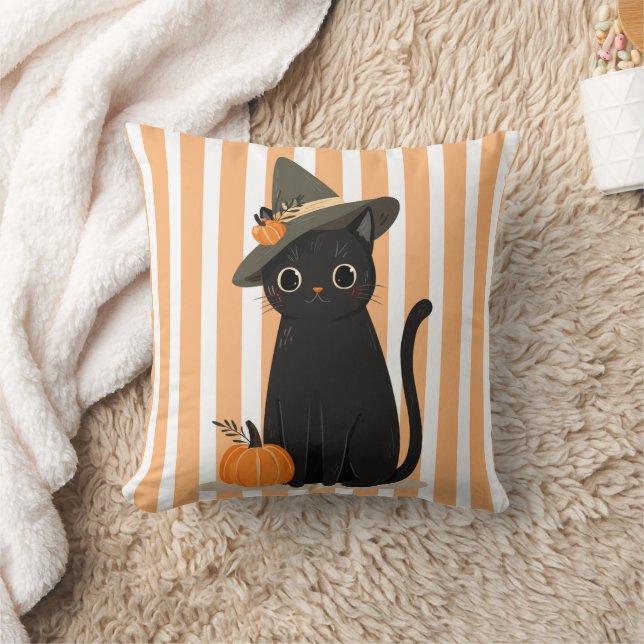 Cojín Decorativo Cute Halloween Black Cat with Witch Hat Pumpkin (Manta)