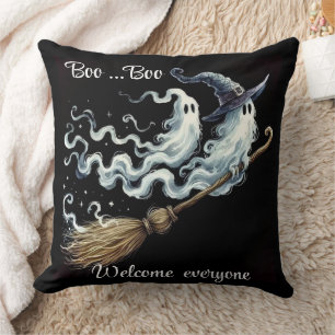 Cojín Decorativo Cute Halloween Ghost y Escoba de Bruja Bienvenidos