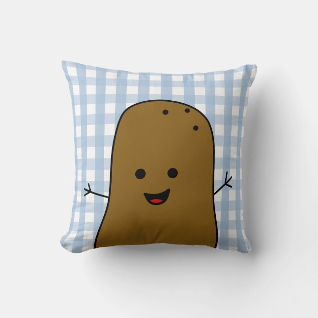 Cojín Decorativo Cute Happy Brown Potato Blue Gingham (Anverso)