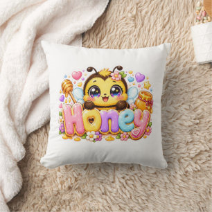 Cojín Decorativo Cute Kawaii Abeja Miel Nombre Pastel Rosa Brillant